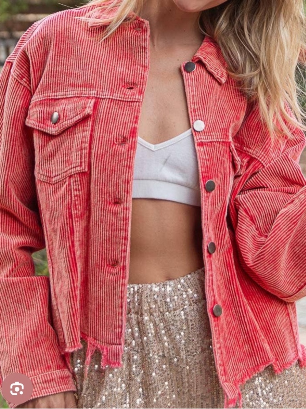 NWT POL Button Corduroy Womens Trucker Jacket rusty red raw hem cropped small - Picture 2 of 8